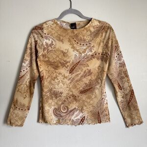 Vintage Paisley Stretch Top Mesh Brown Women Small Whimsy Fairy Boho Long Sleeve